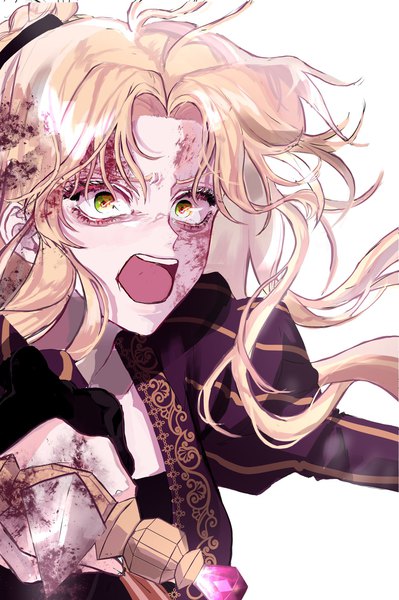 Anime picture 1363x2048 with your throne psyche callista cholan single long hair tall image looking at viewer fringe open mouth simple background blonde hair hair between eyes white background holding green eyes upper body teeth puffy sleeves blood on face screaming