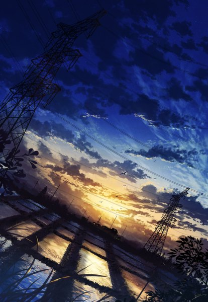 Anime picture 2560x3713 with original skyrick9413 tall image highres sky cloud (clouds) sunlight night dutch angle night sky evening reflection sunset mountain no people landscape scenic field plant (plants) animal