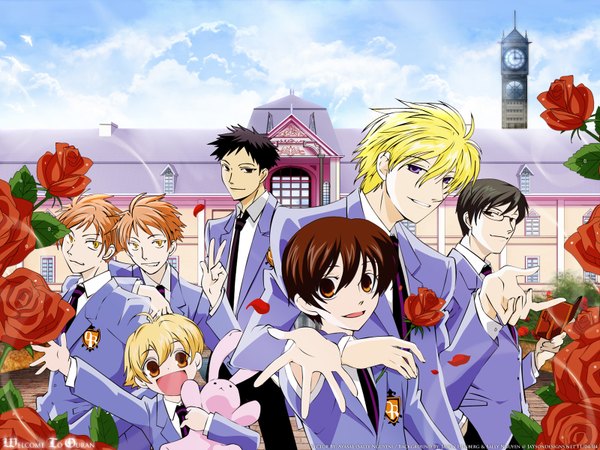 Anime picture 1600x1200 with ouran high school host club studio bones fujioka haruhi suou tamaki hitachiin kaoru hitachiin hikaru ootori kyouya haninozuka mitsukuni morinozuka takashi looking at viewer fringe short hair open mouth black hair blonde hair smile brown hair purple eyes holding brown eyes