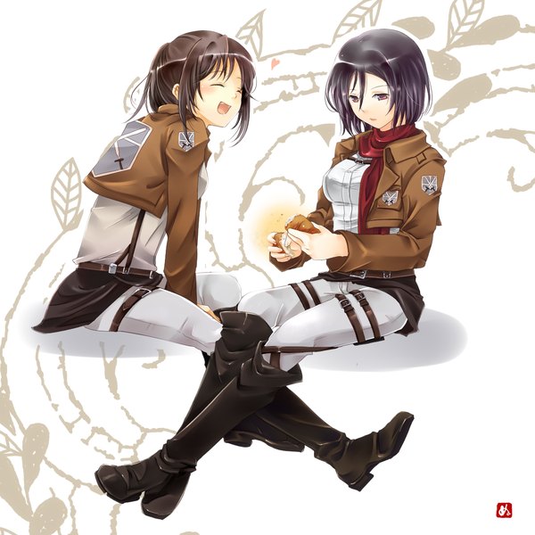 Anime picture 1220x1220 with shingeki no kyojin production i.g mikasa ackerman sasha blouse chinu (artist) blush open mouth black hair brown hair sitting multiple girls brown eyes eyes closed open clothes open jacket girl 2 girls food boots belt