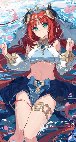 Anime picture 1296x2407 with genshin impact nilou (genshin impact) yajuu single long hair tall image fringe breasts light erotic smile twintails bare shoulders looking away red hair blunt bangs long sleeves horn (horns) aqua eyes from above midriff