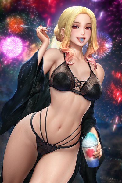 Anime picture 2400x3597 with sono bisque doll wa koi wo suru cloverworks kitagawa marin nudtawut thongmai single long hair tall image looking at viewer fringe highres breasts open mouth light erotic blonde hair red eyes large breasts standing holding cleavage outdoors