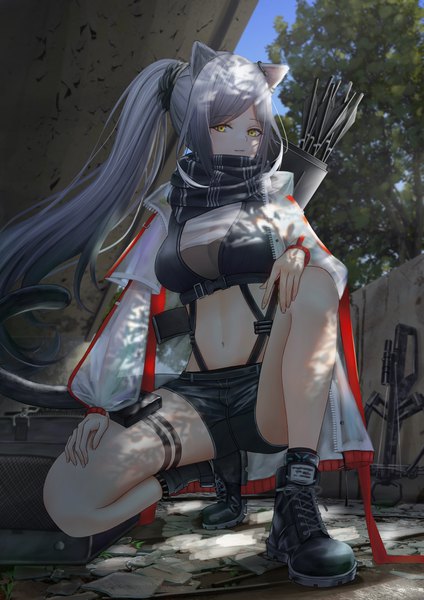 Anime picture 2894x4093 with arknights schwarz (arknights) you (yoyou) single long hair tall image looking at viewer fringe highres breasts large breasts animal ears yellow eyes full body outdoors ponytail tail animal tail grey hair cat ears