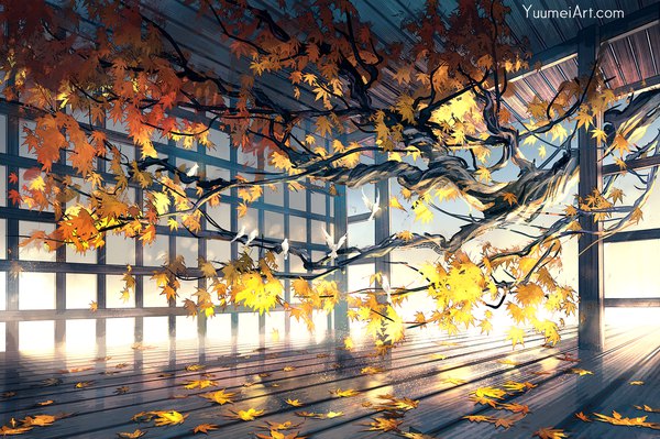 Anime-Bild 2000x1333 mit original yuumei highres indoors no people animal bird (birds) leaf (leaves) branch autumn leaves japanese house