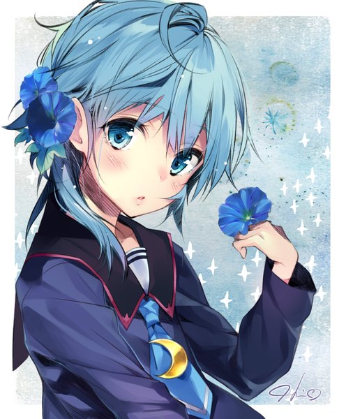 Anime picture 1560x1885 with kantai collection minazuki (kantai collection) hario 4 single tall image looking at viewer blush fringe short hair blue eyes simple background hair between eyes holding signed blue hair upper body ahoge parted lips hair flower border
