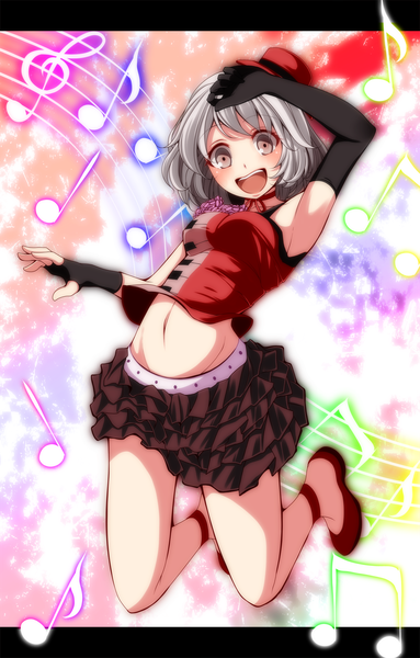 Anime picture 1277x2000 with touhou lyrica prismriver s-syogo single tall image looking at viewer blush short hair open mouth brown eyes grey hair girl skirt gloves navel elbow gloves musical note