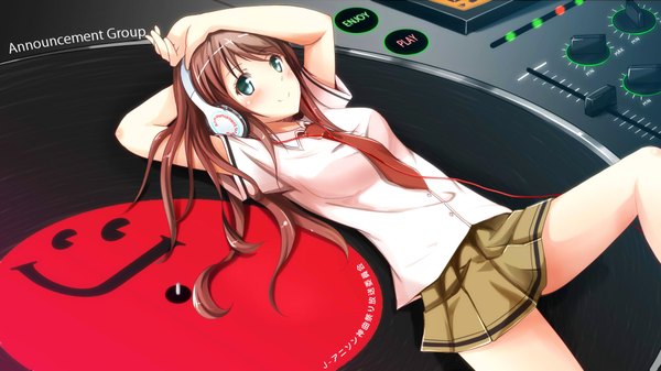 Anime picture 1920x1080 with ok-ray long hair blush highres smile brown hair wide image green eyes lying arms up girl skirt miniskirt shirt necktie headphones gramophone record