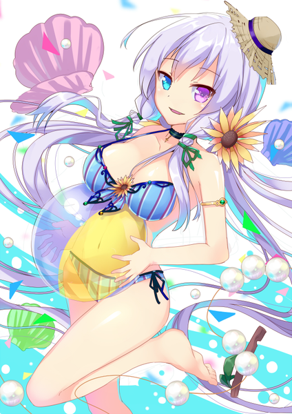 Anime picture 566x800 with original canon (nyori) nyori single tall image looking at viewer blush fringe open mouth blue eyes light erotic simple background white background purple eyes bare shoulders silver hair very long hair :d barefoot hair flower