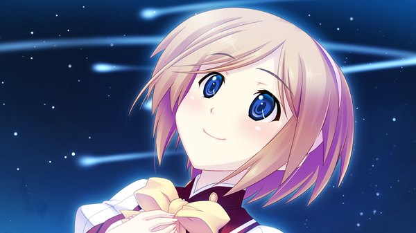 Anime picture 1024x576 with yasashii mahou no tonaekata short hair blue eyes blonde hair wide image game cg night girl uniform school uniform