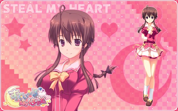 Anime picture 1920x1200 with steal my heart highres brown hair wide image purple eyes game cg ahoge girl miniskirt serafuku