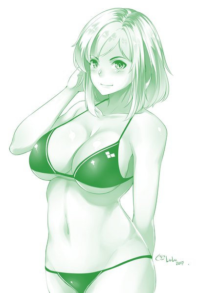 Anime picture 1384x2048 with original lulu-chan92 single tall image looking at viewer blush short hair breasts light erotic smile large breasts white background signed monochrome arm behind back 2017 girl swimsuit bikini