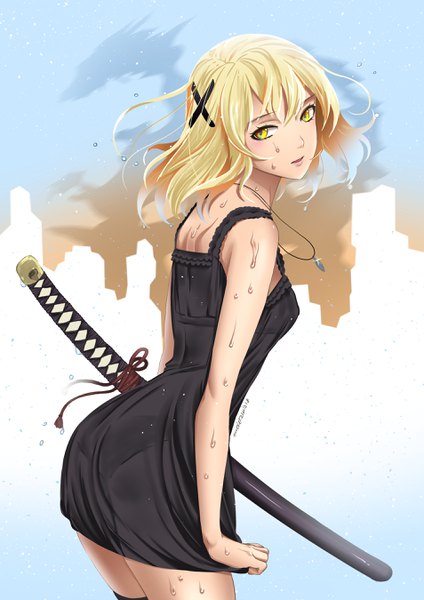 Anime picture 1907x2700 with original eudetenis single tall image fringe highres light erotic blonde hair hair between eyes standing bare shoulders holding signed yellow eyes looking away parted lips head tilt looking back wet sleeveless