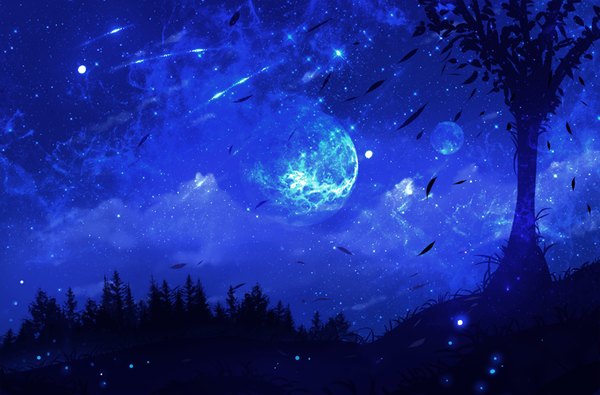Anime picture 805x531 with original ryky cloud (clouds) wind night night sky no people plant (plants) tree (trees) insect moon star (stars) grass full moon forest planet fireflies