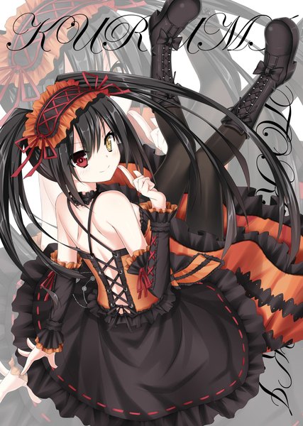 Anime picture 1422x2000 with date a live tokisaki kurumi sigemi long hair tall image highres black hair twintails absurdres heterochromia uneven twintails girl dress detached sleeves boots frills