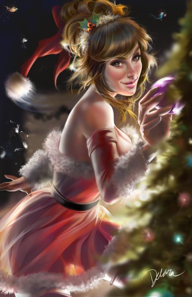 Anime picture 3300x5100 with cris delara single long hair tall image looking at viewer highres smile brown hair bare shoulders brown eyes absurdres lips christmas merry christmas girl
