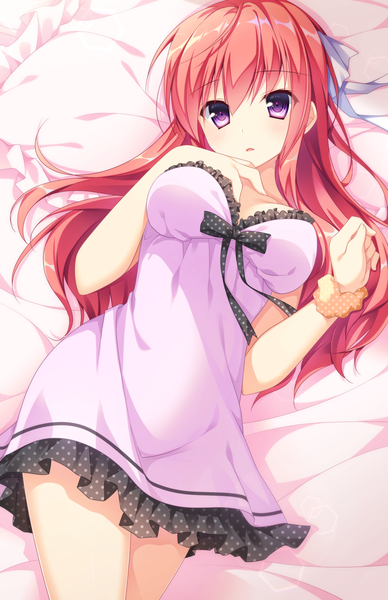 Anime picture 1034x1598 with original nagisa rio single long hair tall image looking at viewer blush fringe breasts open mouth light erotic hair between eyes large breasts payot cleavage red hair lying pink eyes bare legs on back