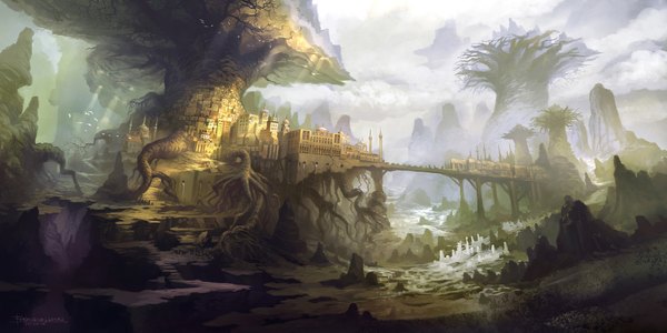Anime picture 2000x1000 with original ferdinand ladera highres wide image signed cloud (clouds) sunlight city mountain no people landscape plant (plants) animal tree (trees) bird (birds) building (buildings) sun stairs stone (stones) bridge