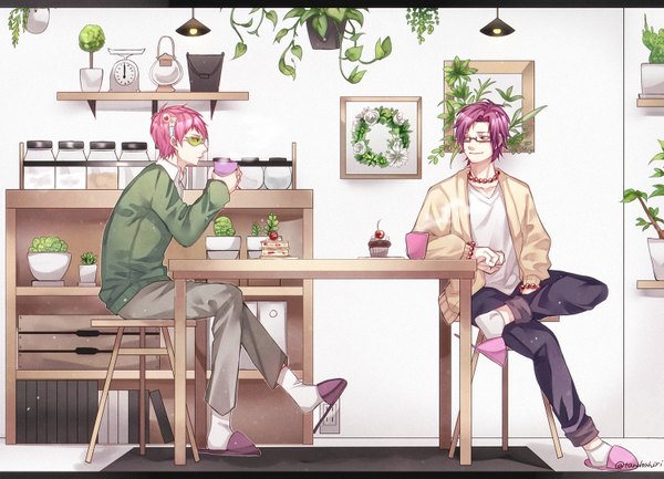 Anime picture 1500x1083 with saiki kusuo no psi nan saiki kusuo toritsuka reita pirika (rm0315) blush short hair sitting purple eyes signed looking away pink hair purple hair full body bent knee (knees) indoors profile multiple boys twitter username turning head letterboxed