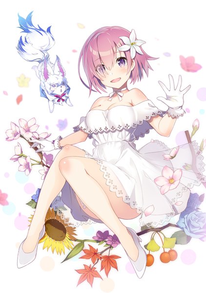 Anime picture 3000x4265 with fate (series) fate/grand order mash kyrielight fou (fate) mash kyrielight (formal dress) mamehamu single tall image looking at viewer blush fringe highres short hair open mouth white background purple eyes bare shoulders pink hair cleavage full body
