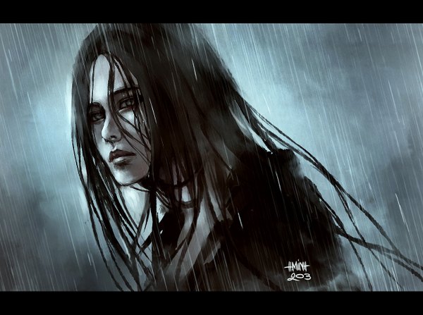 Anime picture 1300x970 with original nanfe single long hair looking at viewer black hair signed lips black eyes turning head portrait letterboxed rain girl hood