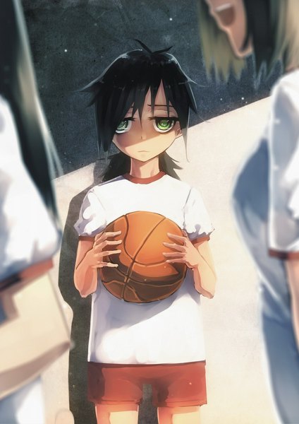 Anime picture 706x1000 with watashi ga motenai no wa dou kangaetemo omaera ga warui! silver link kuroki tomoko siqi (miharuu) long hair tall image looking at viewer open mouth black hair smile multiple girls green eyes ponytail sad girl uniform school uniform shorts short shorts 3 girls