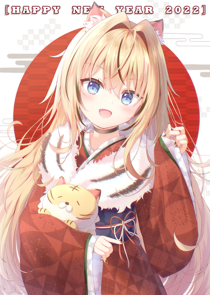 Anime picture 893x1253 with original liuliu single long hair tall image looking at viewer blush fringe open mouth blue eyes blonde hair hair between eyes animal ears upper body traditional clothes :d japanese clothes new year happy new year 2022