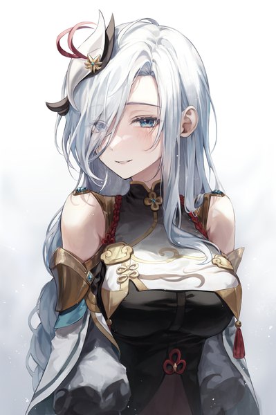 Anime picture 1950x2935 with genshin impact shenhe (genshin impact) ekina (1217) single long hair tall image looking at viewer blush fringe highres breasts blue eyes simple background silver hair upper body braid (braids) parted lips light smile hair over one eye gradient background