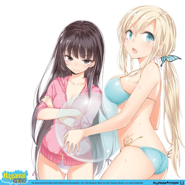 Anime picture 2448x2448 with boku wa tomodachi ga sukunai kashiwazaki sena mikazuki yozora buriki long hair highres open mouth blue eyes light erotic black hair blonde hair white background multiple girls black eyes girl hair ornament 2 girls swimsuit bikini butterfly hair ornament