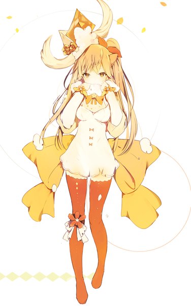 Anime picture 596x950 with original lpip single long hair tall image looking at viewer blush fringe breasts blonde hair simple background hair between eyes white background holding brown eyes yellow eyes full body inscription arms up midriff