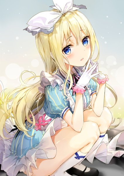 Anime picture 566x800 with alice in wonderland alice (wonderland) fuumi (radial engine) single long hair tall image looking at viewer blush fringe blue eyes light erotic blonde hair hair between eyes sitting bent knee (knees) parted lips head tilt short sleeves puffy sleeves shiny skin