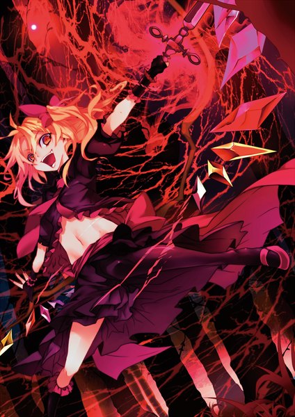 Anime picture 1000x1414 with touhou flandre scarlet karlwolf single tall image looking at viewer short hair open mouth blonde hair red eyes ponytail bare belly alternate costume magic side ponytail spread arms girl skirt gloves navel