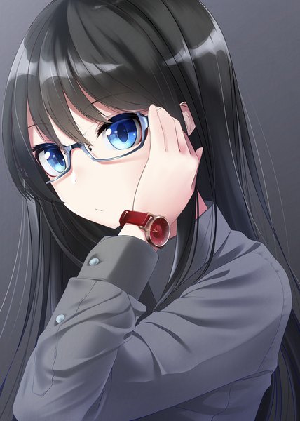 Anime picture 1488x2088 with original klasse14 nekobaka single long hair tall image fringe blue eyes black hair hair between eyes looking away upper body adjusting hair dark background girl shirt glasses clock wristwatch grey shirt