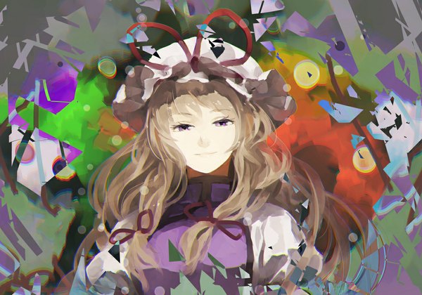 Anime picture 1157x811 with touhou yakumo yukari shihou (g-o-s) single long hair looking at viewer blonde hair purple eyes light smile girl dress ribbon (ribbons) hair ribbon bonnet hat ribbon