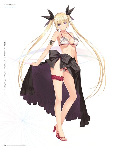 Anime picture 1461x1920 with shining (series) shining hearts mistral nereis tony taka single long hair tall image looking at viewer blush breasts blue eyes light erotic simple background blonde hair white background twintails full body pointy ears scan official art