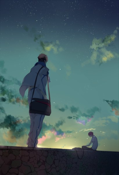 Anime picture 1795x2622 with free! kyoto animation matsuoka rin yamazaki sosuke tall image highres short hair brown hair standing sitting pink hair sky cloud (clouds) from behind sunlight night multiple boys night sky evening sunset