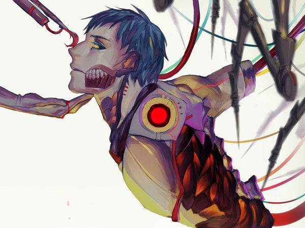 Anime picture 2000x1500 with original bwusagi single highres short hair simple background white background yellow eyes blue hair teeth boy blood wire (wires) hand robot android tools