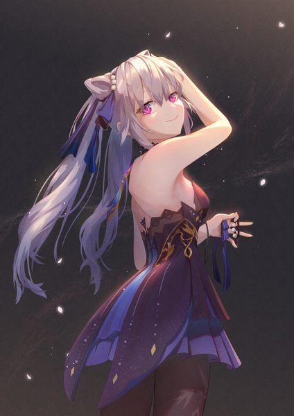 Anime picture 1000x1416 with genshin impact keqing (genshin impact) keqing (opulent splendor) (genshin impact) simon (sacili) single long hair tall image looking at viewer blush fringe breasts light erotic hair between eyes standing purple eyes twintails bare shoulders payot purple hair arm up