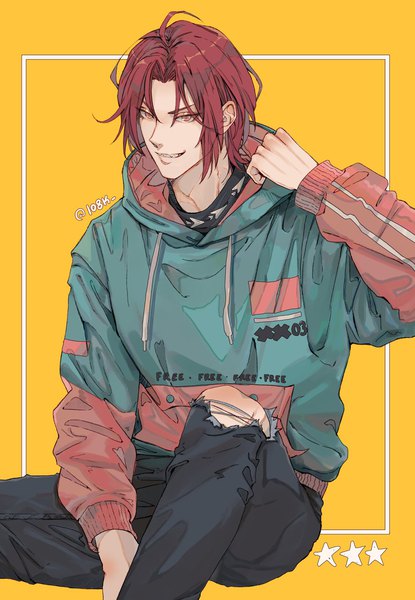 Anime picture 995x1440 with free! kyoto animation matsuoka rin 1o8k single tall image short hair simple background smile sitting signed red hair orange eyes twitter username grin yellow background adjusting hood boy hood hoodie