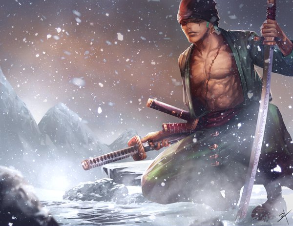 Anime picture 4096x3166 with one piece toei animation roronoa zoro pu reum lee single highres short hair red eyes holding signed looking away absurdres full body outdoors one eye closed green hair snowing scar winter snow