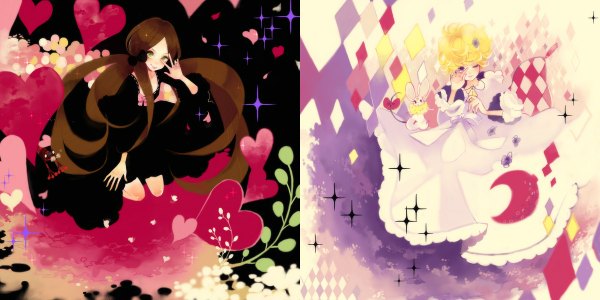 Anime picture 1200x600 with sugar sugar rune studio pierrot chocolat meilleure vanilla mieux blanche (sugar sugar rune) duke (sugar sugar rune) mokaffe (artist) long hair looking at viewer short hair blonde hair brown hair wide image white background purple eyes twintails multiple girls green eyes one eye closed hair flower