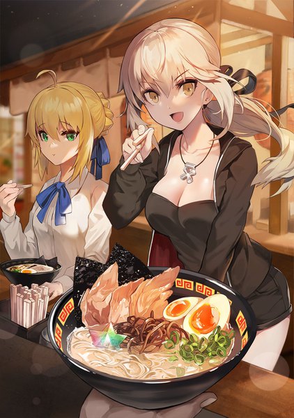 Anime picture 1000x1420 with fate (series) fate/grand order artoria pendragon (all) saber saber alter suou-sensei long hair tall image looking at viewer blush fringe short hair breasts open mouth blonde hair smile hair between eyes sitting multiple girls holding