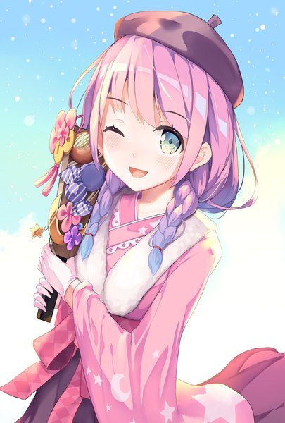 Anime picture 1350x2000 with virtual youtuber hololive himemori luna himemori luna (new year) mogmog single long hair tall image looking at viewer open mouth green eyes pink hair braid (braids) traditional clothes japanese clothes twin braids official alternate costume gradient hair ;d new year