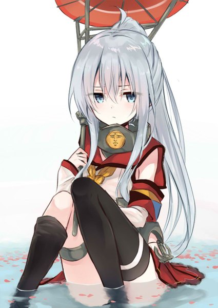 Anime picture 1000x1412 with kantai collection hibiki destroyer azuuru single long hair tall image looking at viewer blush fringe blue eyes sitting silver hair ahoge ponytail cosplay convenient leg yamato super battleship (cosplay) girl thighhighs skirt