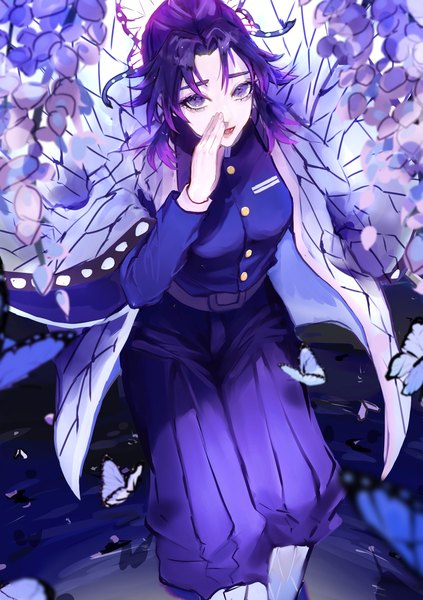 Anime picture 2039x2894 with kimetsu no yaiba ufotable kochou shinobu ogura aoi single tall image looking at viewer highres short hair purple eyes purple hair traditional clothes japanese clothes from above hand to mouth animal print butterfly print girl uniform hair ornament