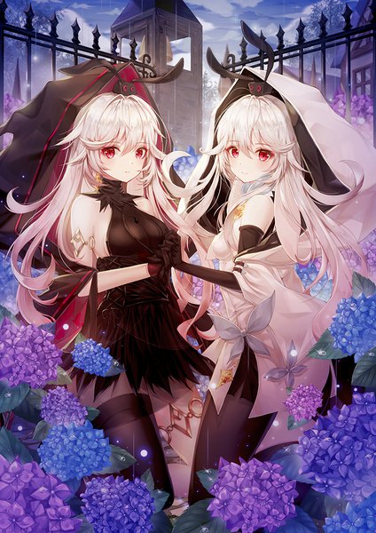 Anime-Bild 800x1132 mit witch springs eirudy mellozzo long hair tall image looking at viewer fringe hair between eyes red eyes bare shoulders multiple girls white hair holding hands rain girl thighhighs gloves flower (flowers) 2 girls black gloves