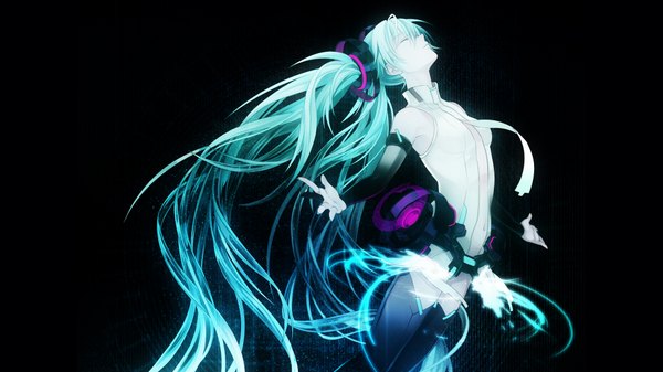 イラスト 1920x1080 と ボーカロイド 初音ミク オサム ソロ 長髪 highres wide image ツインテール 肩出し eyes closed very long hair プロフィール fingernails aqua hair black background spread arms long fingernails 女の子 へそ 袖だけ