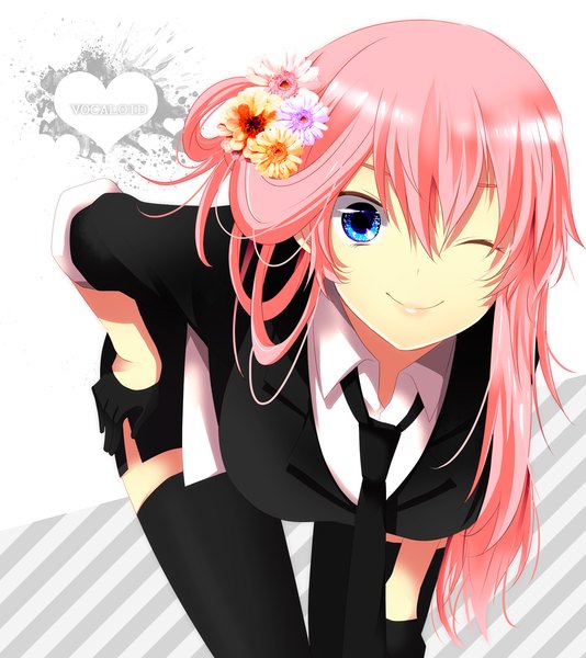 Anime picture 1024x1150 with vocaloid megurine luka single long hair tall image blue eyes smile pink hair one eye closed hair flower wink girl thighhighs gloves hair ornament black thighhighs necktie