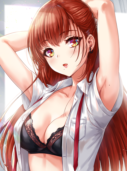Anime picture 2481x3353 with original sakiyamama single long hair tall image looking at viewer blush fringe highres breasts open mouth light erotic large breasts upper body red hair blunt bangs mole arms up armpit (armpits) short sleeves