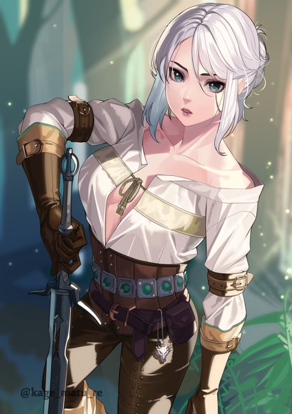 Anime picture 1736x2456 with the witcher the witcher 3 wild hunt ciri kagematsuri single tall image looking at viewer fringe highres short hair breasts light erotic hair between eyes large breasts standing bare shoulders holding signed payot silver hair