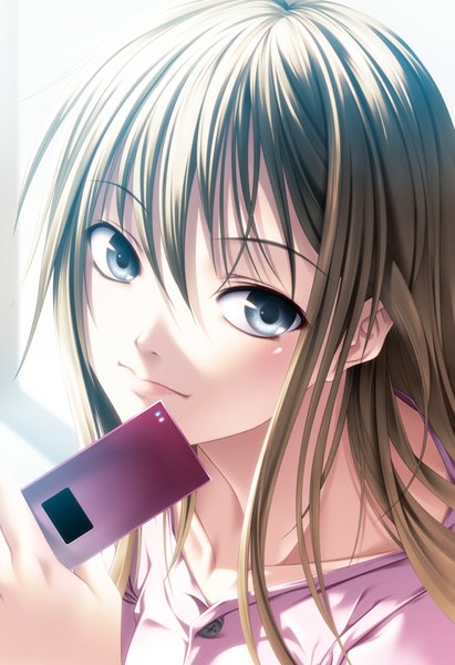 Anime picture 668x975 with original rezi single long hair tall image blue eyes brown hair girl phone